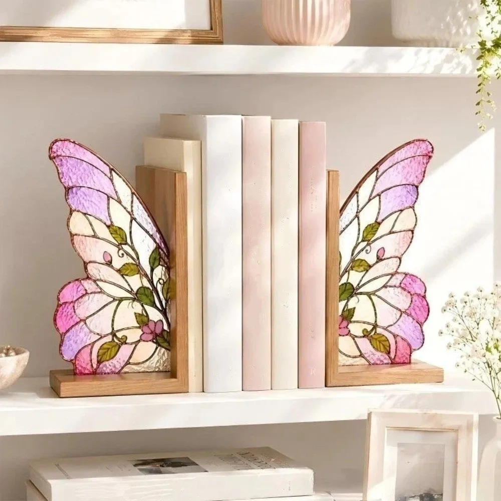 Colorful Butterfly Wings Bookend Set Acrylic Desktop Organizer Book Support with Bases Decorative Book Ornaments Reader Gifts