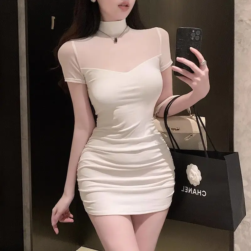 Elegant Short Sleeve Mesh Splice Slim Fit Waist Cinched Mini Dress Street Style Pure Color Polka Dot Print Casual Wear
