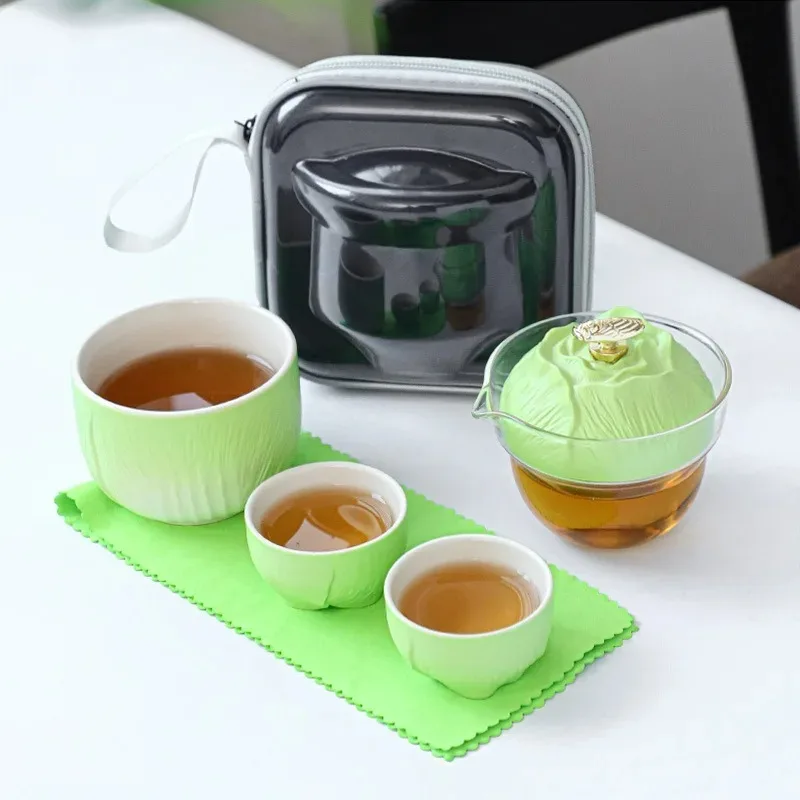 A Pot of Three Cup Express  Tea Set, Portable Outdoor Kungfu   Ceramic Travel   in The Shape  Cabbage