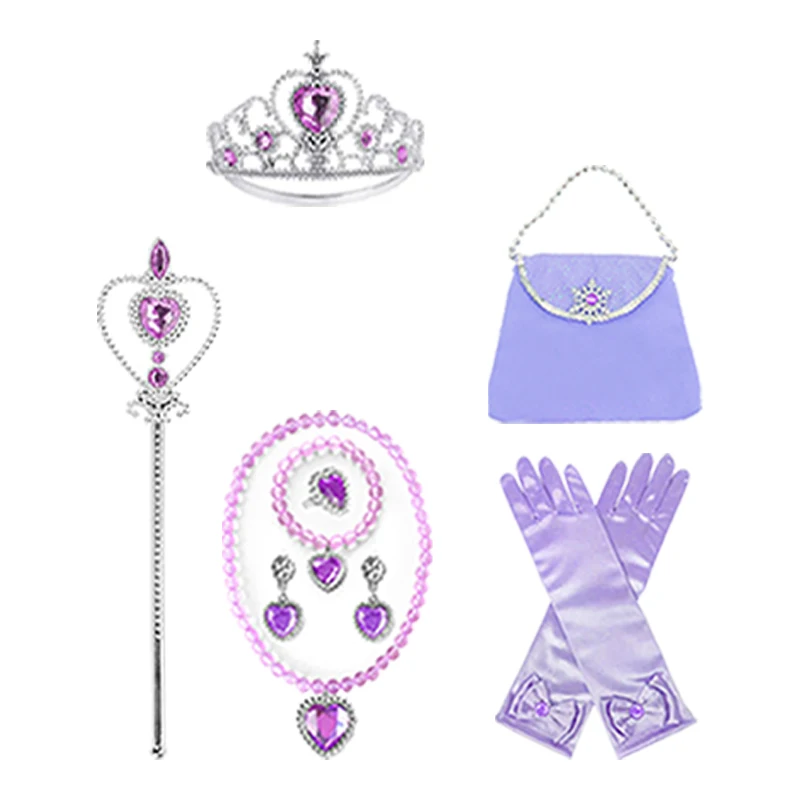 Princess Sophia Cos Dress Crown Magic Wand Bag Gloves Necklace Bracelet Ring Earrings Set Princess Party Cosplay Costume