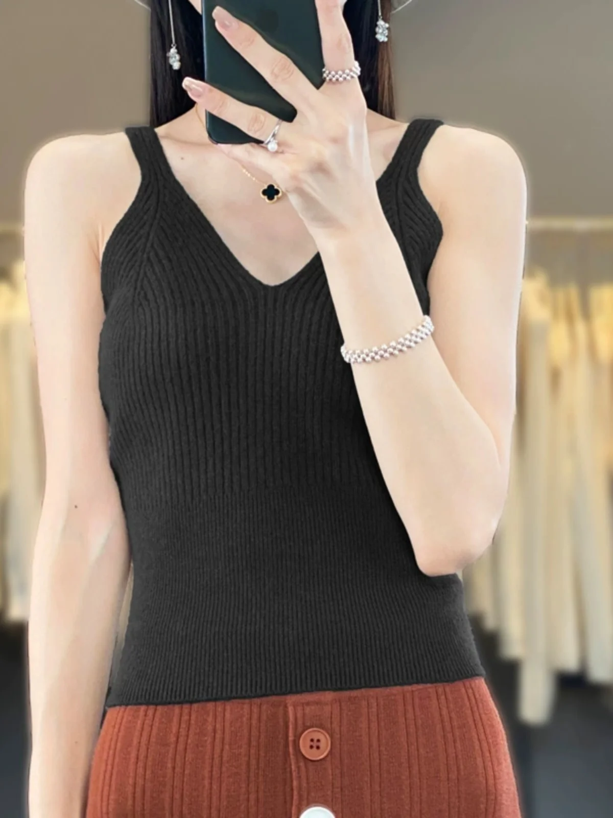 2024 Women V-neck 100% Wool Short Tank Ribbed Camisole Slim Fit Soft Spring Inner Match Y2k Knitted Sleeveless Sweater Crop Tops