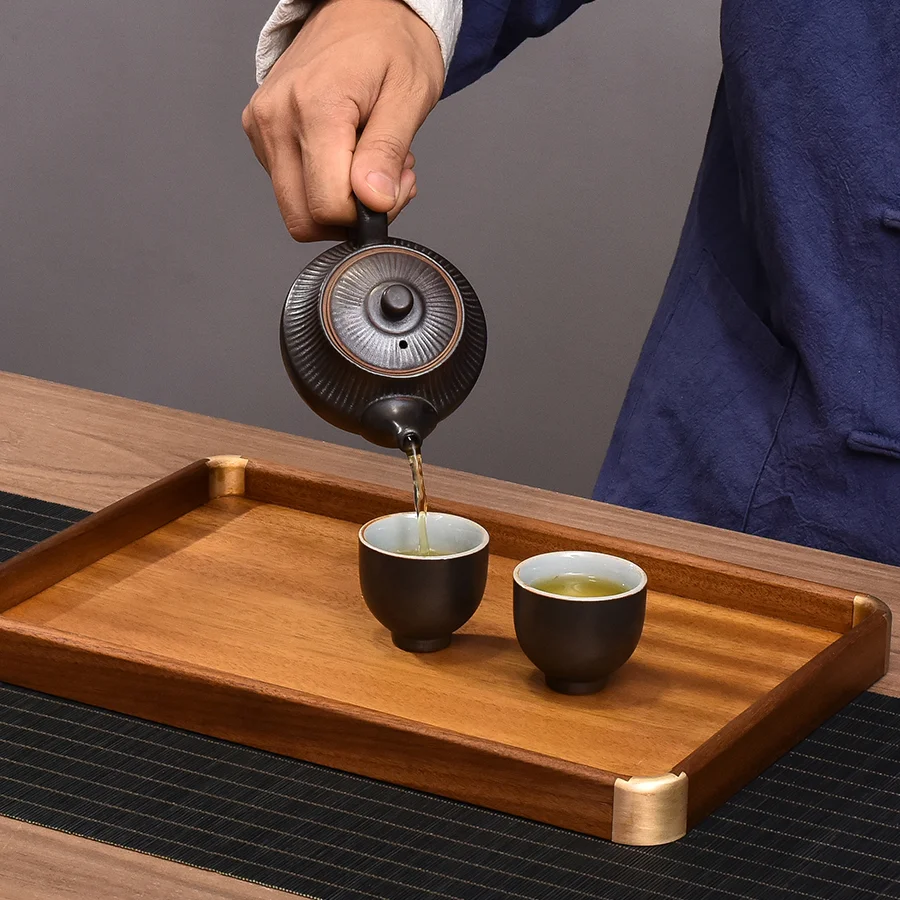 Household solid wood tray, rectangular storage tea set, natural walnut wood tea tray inlaid with copper corner, small pot holder