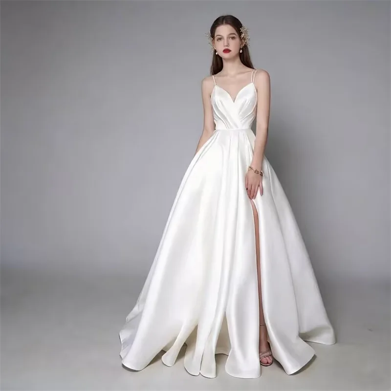 Customized Simple Satin Slit Solid Wedding Dress Sexy Spaghetti Straps Pleats A Line Bridal Gown Vestido De Noiva with Pockets