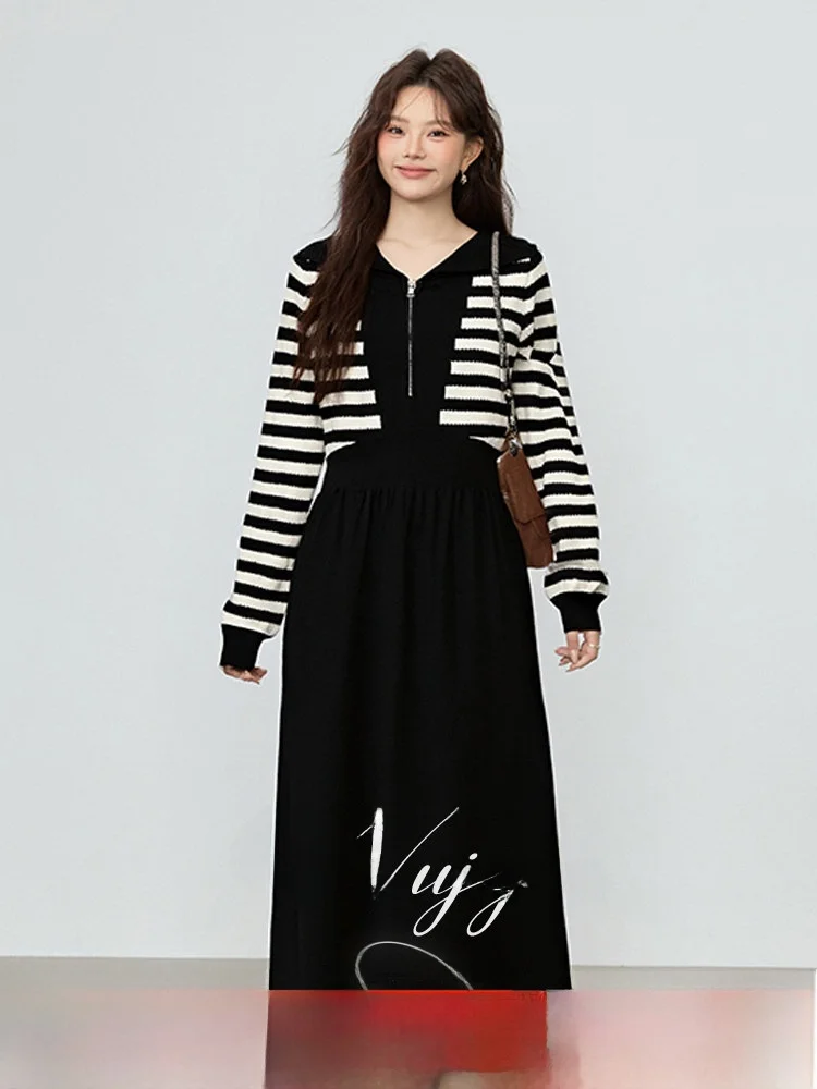 

Winter New plus Size Striped Knitted Dress Women's Color Block Design Long Dress Commute Style Half Unbuttoned Standard Fit