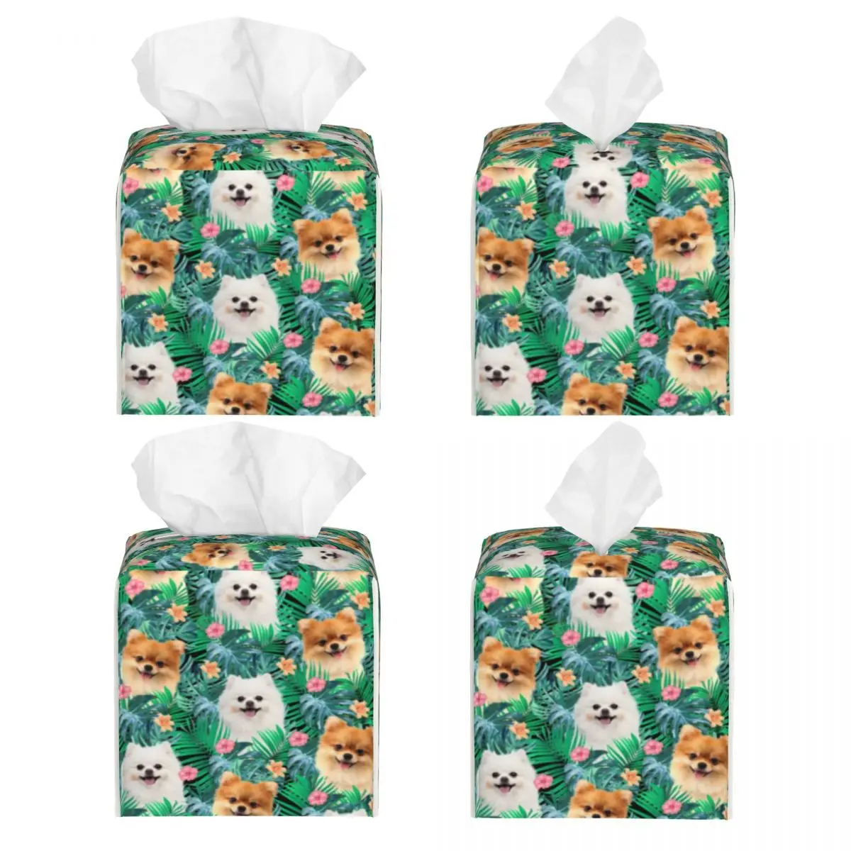 Custom Pomeranian Dog With Summer Leaf Tissue Box Holder Square Pet Spitz PU Leather Facial Tissue Box Cover for Car Office