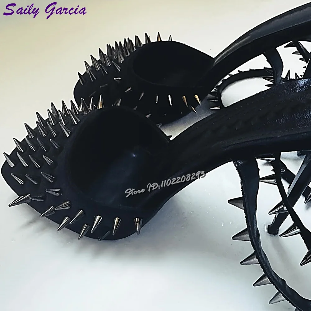 Sexy Suede Spikes Pumps Black Square Toe Shallow Rivet Cross-tied High Heels 2025 Summer New Elegant Party Fashion Women Shoes image 4