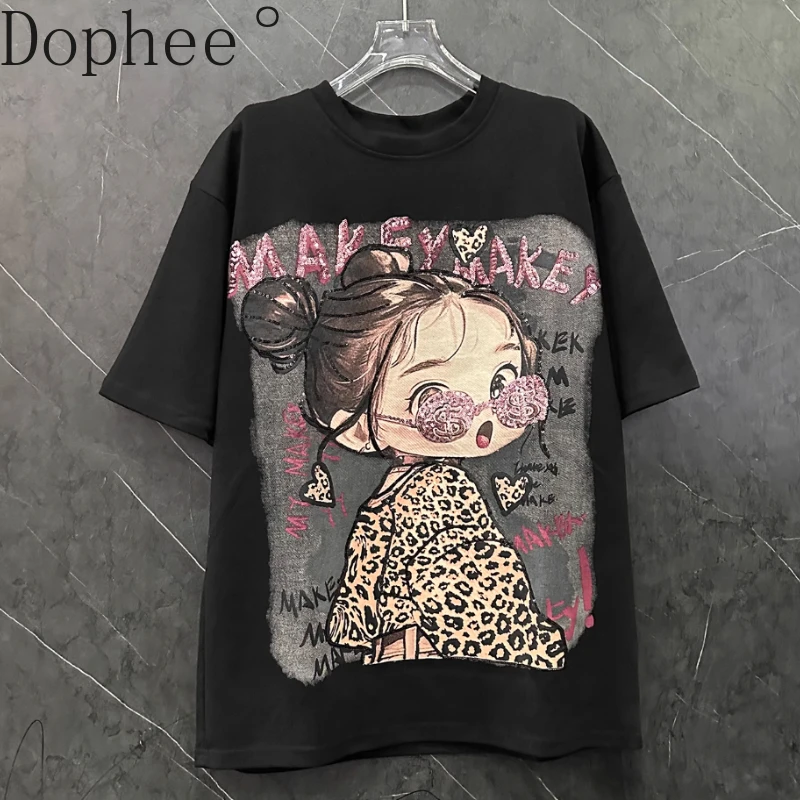 Fashion Colorblock Women Short Sleeve T-shirt Cartoon Printed Sequins Spring Summer O-neck Pullover Top Mid-long Casual Tees