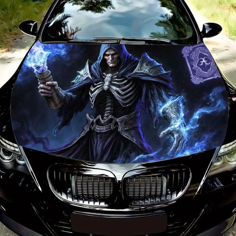 

Наклейка на капот автомобиля в форме черепа, темно-синяя, с рунами и изображением огненной брони, подходит для грузовиков, декоративная наклейка на капот.