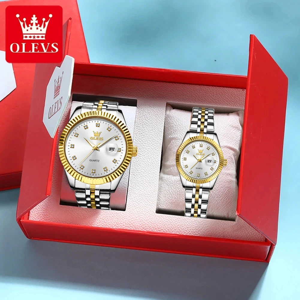 OLEVS 5526 Top Luxury Lover's Wristwatch Stainless Steel Waterpoof Calendar Clock Diamond Lap Quartz Couple Watch for Men Women