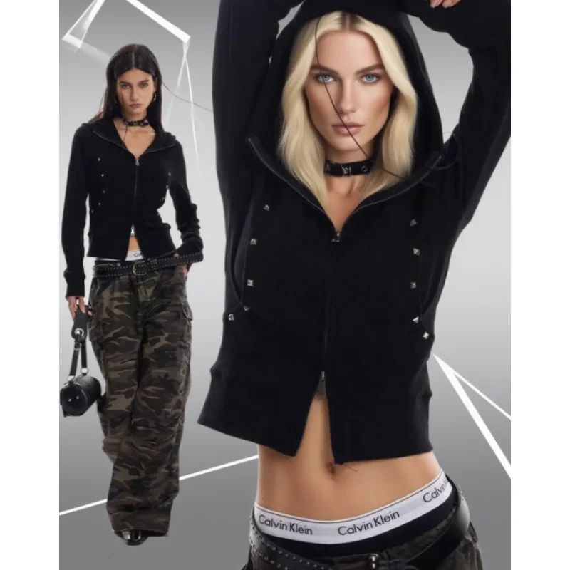 Rétro américain, cool, hip-hop, street wear gothique, design de décoration Liuding, veste de sweat à capuche courte coupe slim