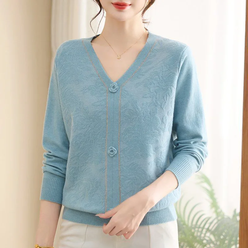 

Модный свободный и универсальный женский свитер с v-образным вырезом, однотонный свитер с длинными рукавами, топ