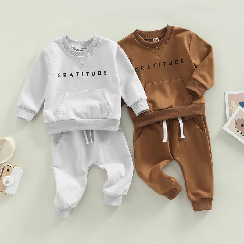 2022-10-19 Lioraitiin Baby Girls Boys 2Pcs Fall Outfit Letter Print Round Neck Long Sleeve Sweatshirts Tops Elastic Waist Pant