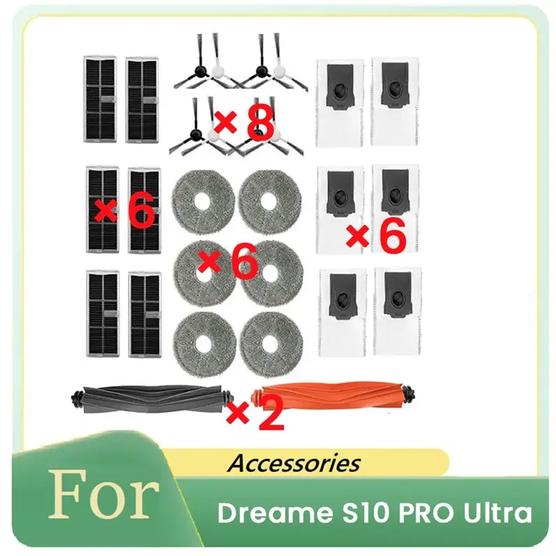 AS60-28 Pcs For Dreame S10 PRO Ultrai Sweeping Robot Accessories Main Side Brush Dust Bag Mop Cleaner Parts Replacement