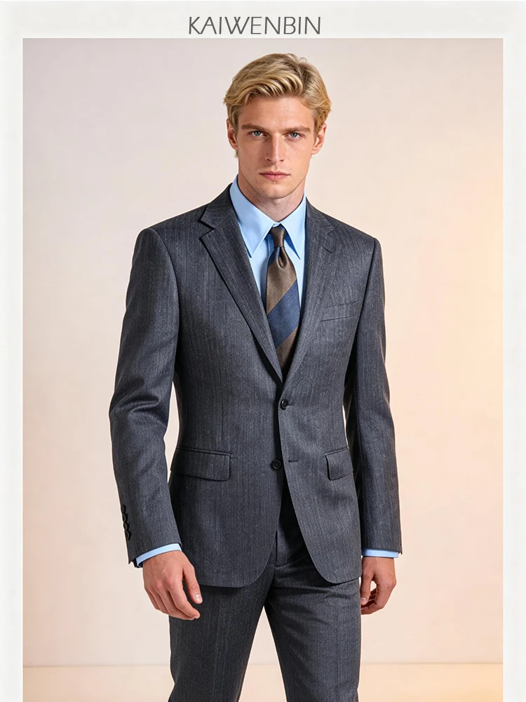 Men's Grey  Suit Stripe Business Wool Worker Formal Dress Silken Sheen Wedding Banquet Gentleman Suit Two-piece Custom Made