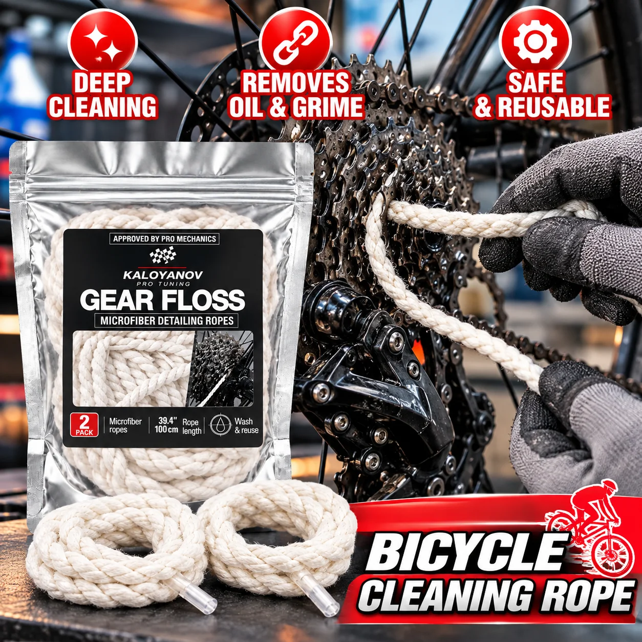 Bicycle Gear Floss Cleaning Rope 2PCS Microfiber Chain Cassette Cleaner Reusable Bike Detailing Tool for Dirt Grease Removal