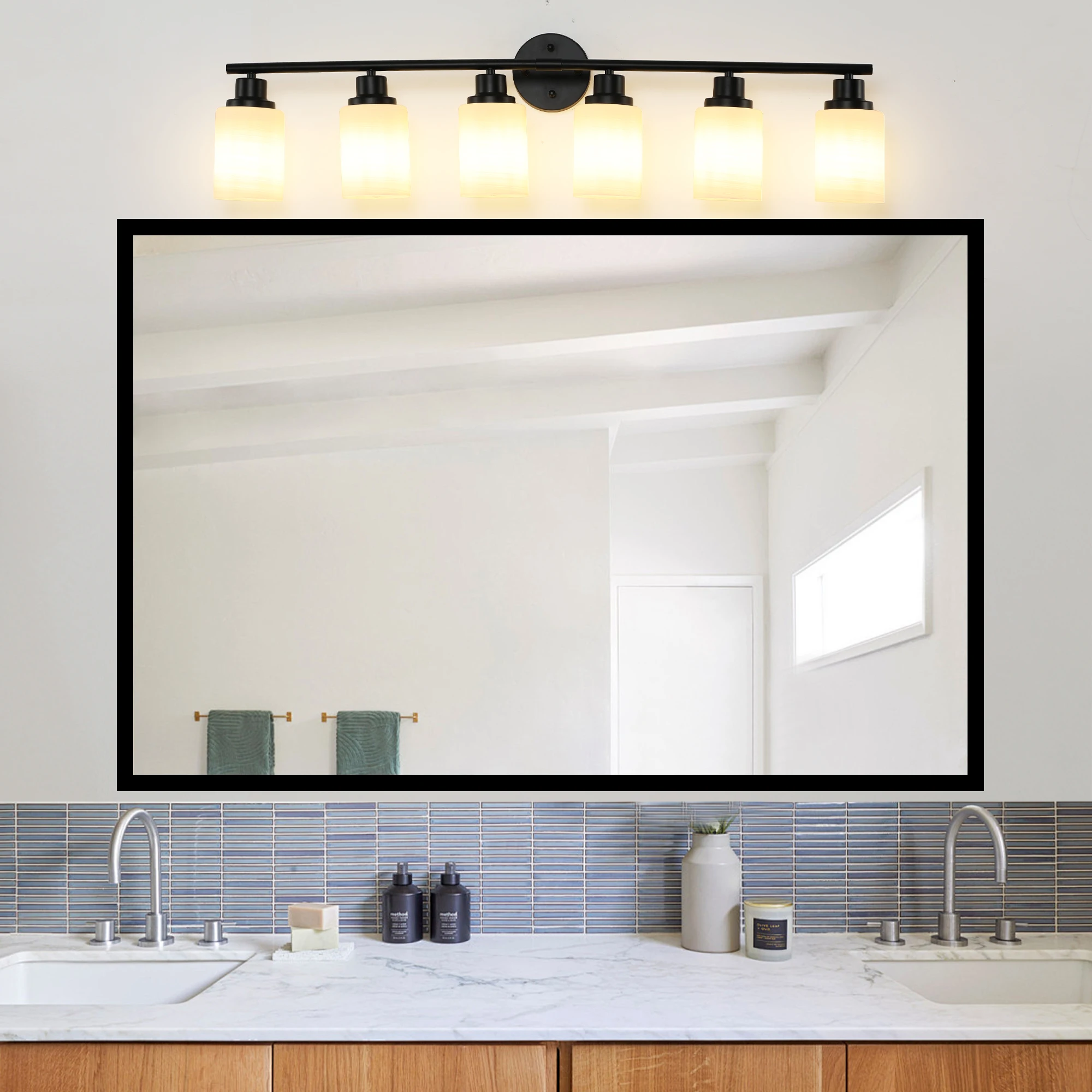 Casa de banho Vanity Mirror Wall Sconce, vidro branco fosco sombra, moldura de ferro preto, moderno quarto luz, 6 luzes