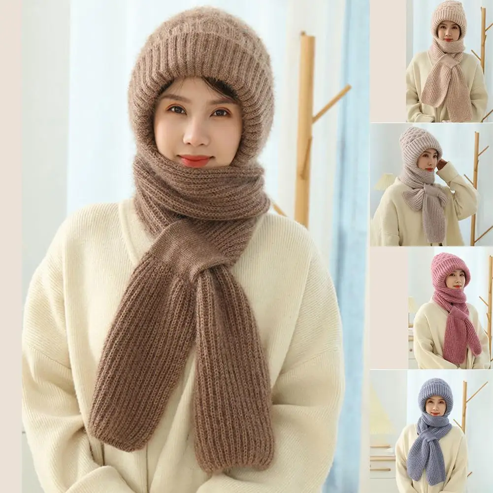 Winter Knitted Hat Scarf All-in-one Female Warm Rabbit Hair Cap Beanies Cycling Ear Protection Padded Cute Cold-proof Neck Cap