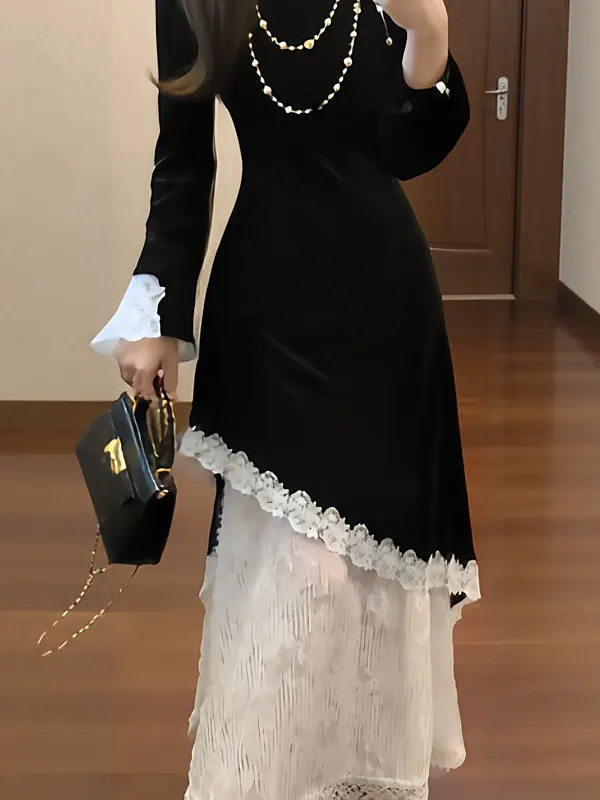 

Ретро-юбка из бархата с кружевными вставками в китайском стиле, с завышенной талией, облегающая, длинная, для женщин, осенне-зимняя коллекция