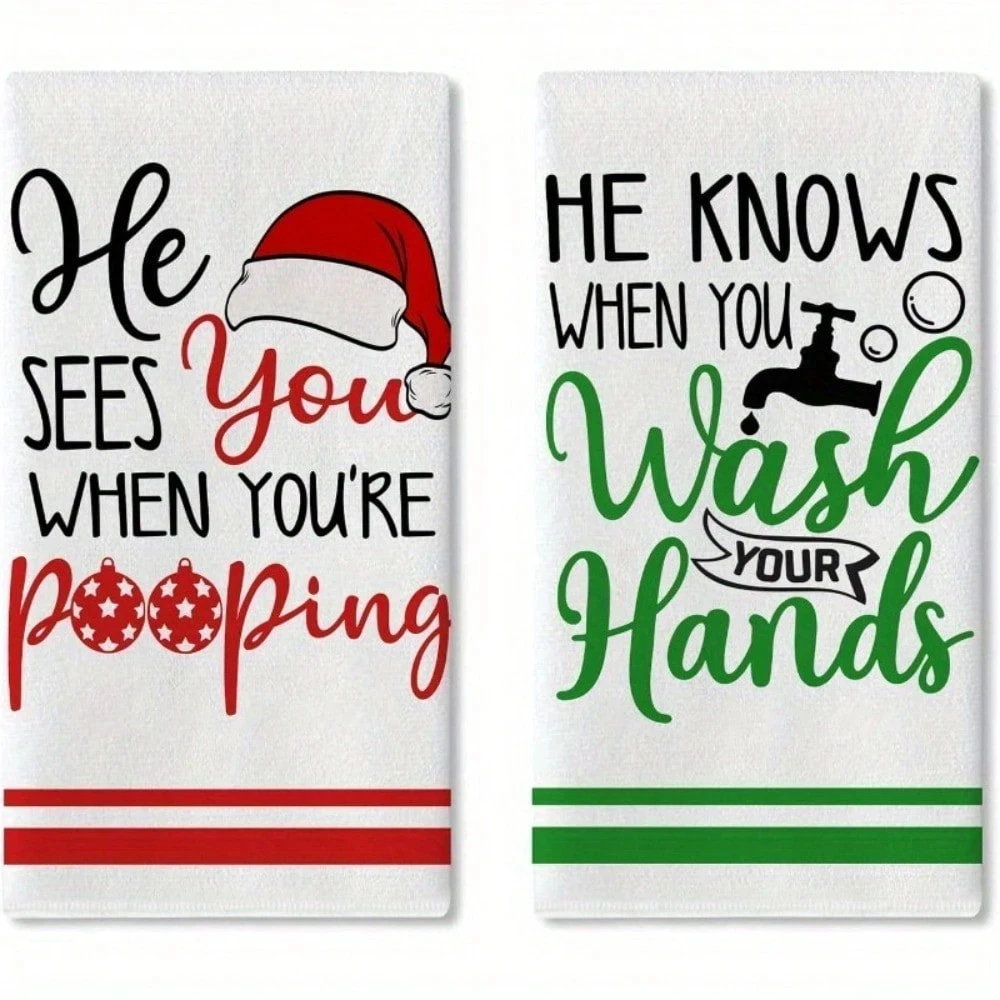 2 szt. Świątecznych Śmiesznych Ręczników Kuchennych z Nadrukiem, Druk Jednostronny 2D, Na Każdy Sezon/Świąteczny, Szybkoschnące do Kuchni/Łazienki