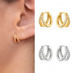 925 Sterling Silver Needle Double Layer Metal Round Hoop Earrings for Women Gold Color Silver Crystal CZ Huggie Earrings Jewelry