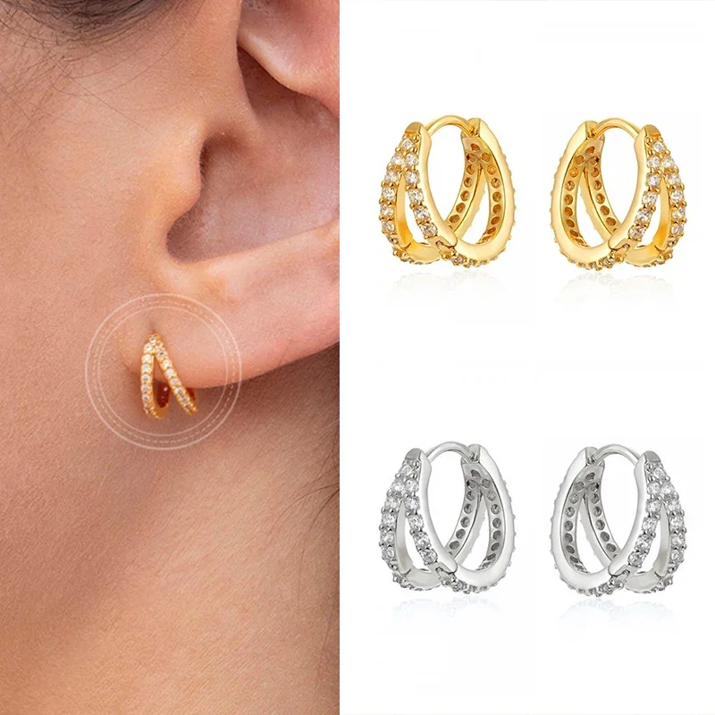 925 Sterling Silver Needle Double Layer Metal Round Hoop Earrings for Women Gold Color Silver Crystal CZ Huggie Earrings Jewelry