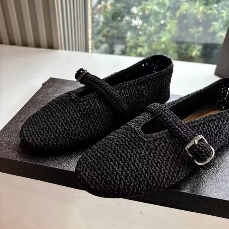 Designer Brand Original Woven Single Buckle Ballet Shoes For Women, Retro Hollow Out Leather Flat Bottom Mary Jane Single Shoes