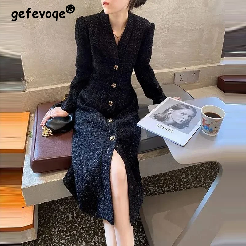 Women Hepburn Style Luxury Chic Vintage Single Breasted Woolen Dresses Office Lady Elegant V Neck Long Sleeve Slim Dress Vestido