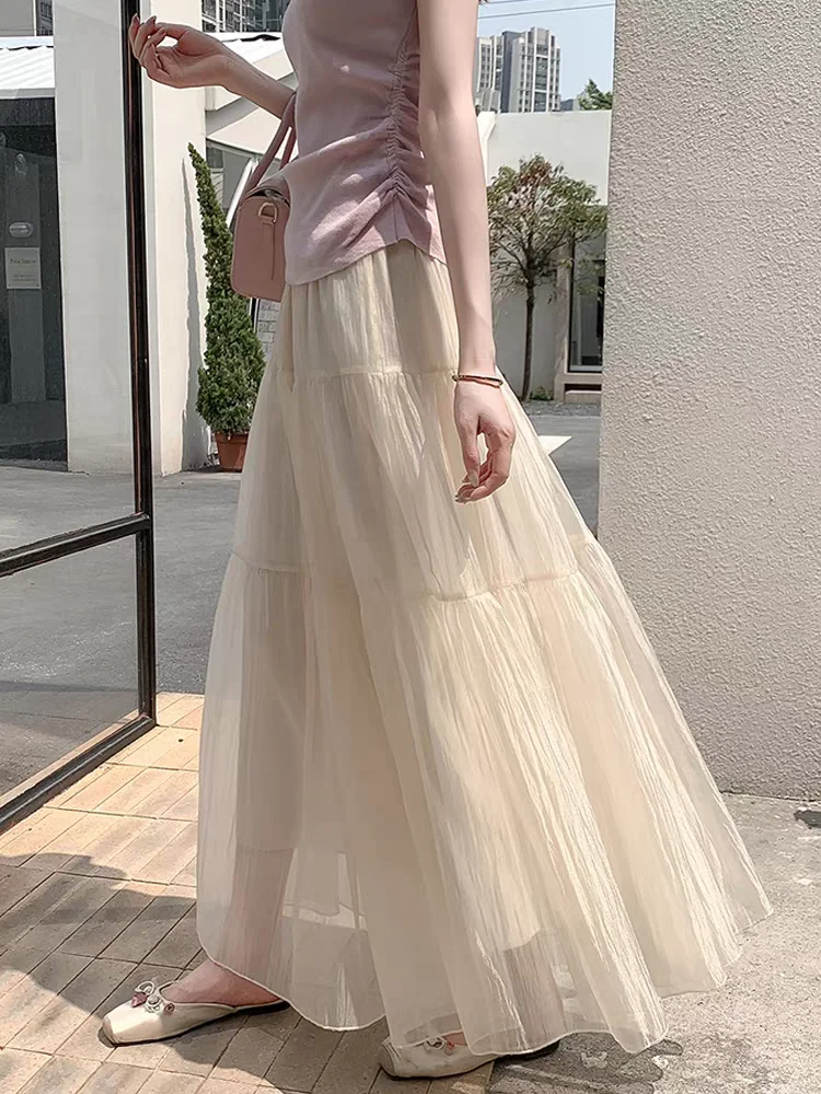 

Summer Mesh Pleated Midi Skirts for Women: High Waist Flowy A-Line Long Skirt, Flattering Fit Petite to Large Size