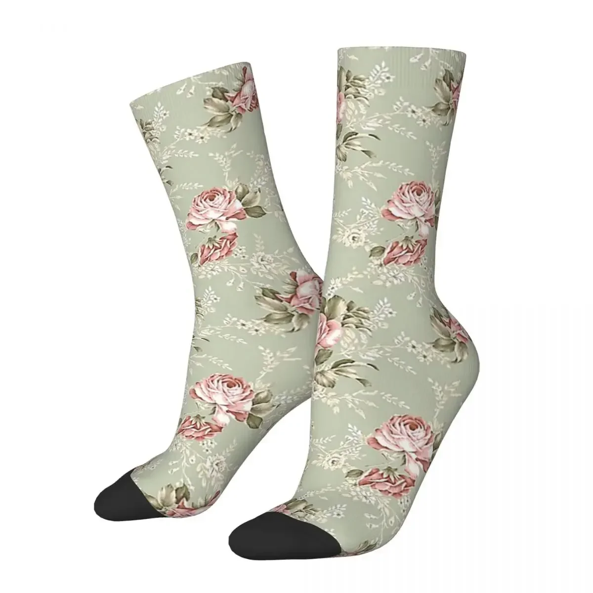 Vintage Blush Roses - Sage Green Background Socks Harajuku Sweat Absorbing Stockings All Season Long Socks for Unisex Gifts