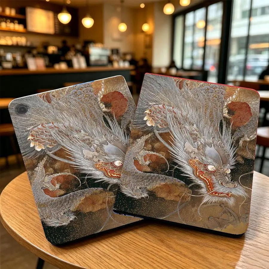 Beige Ink Dragon Print With Pencil Holder Case for Samsung Galaxy Tab S10FE S11 S10 Plus A7 Lite A8 A11 A9Plus S7 S8+ S9 FE S9+