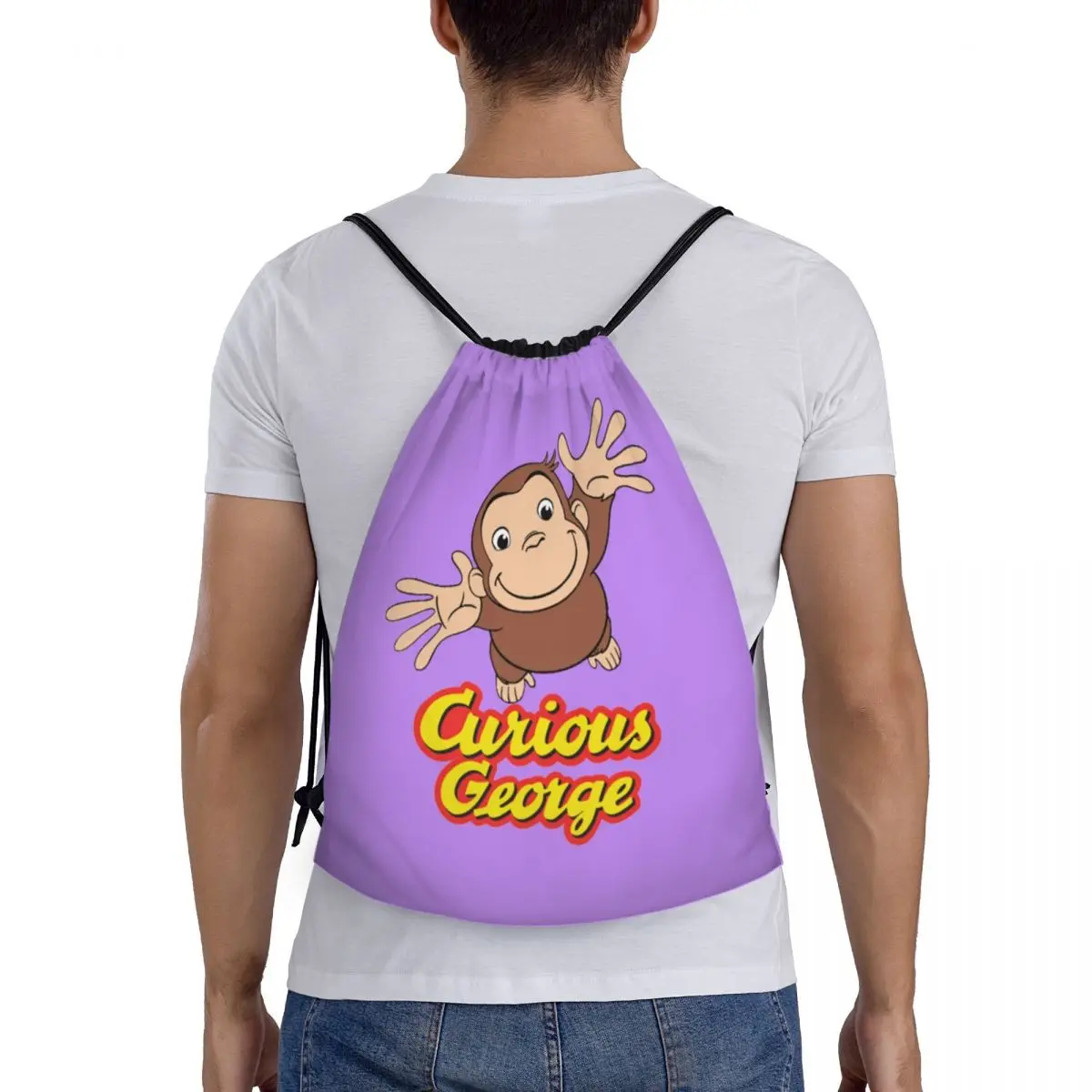 Mochila con cordón personalizada para hombre y mujer, bolso ligero con diseño de mono de dibujos animados, ideal para gimnasio y viajar, modelo Curious George