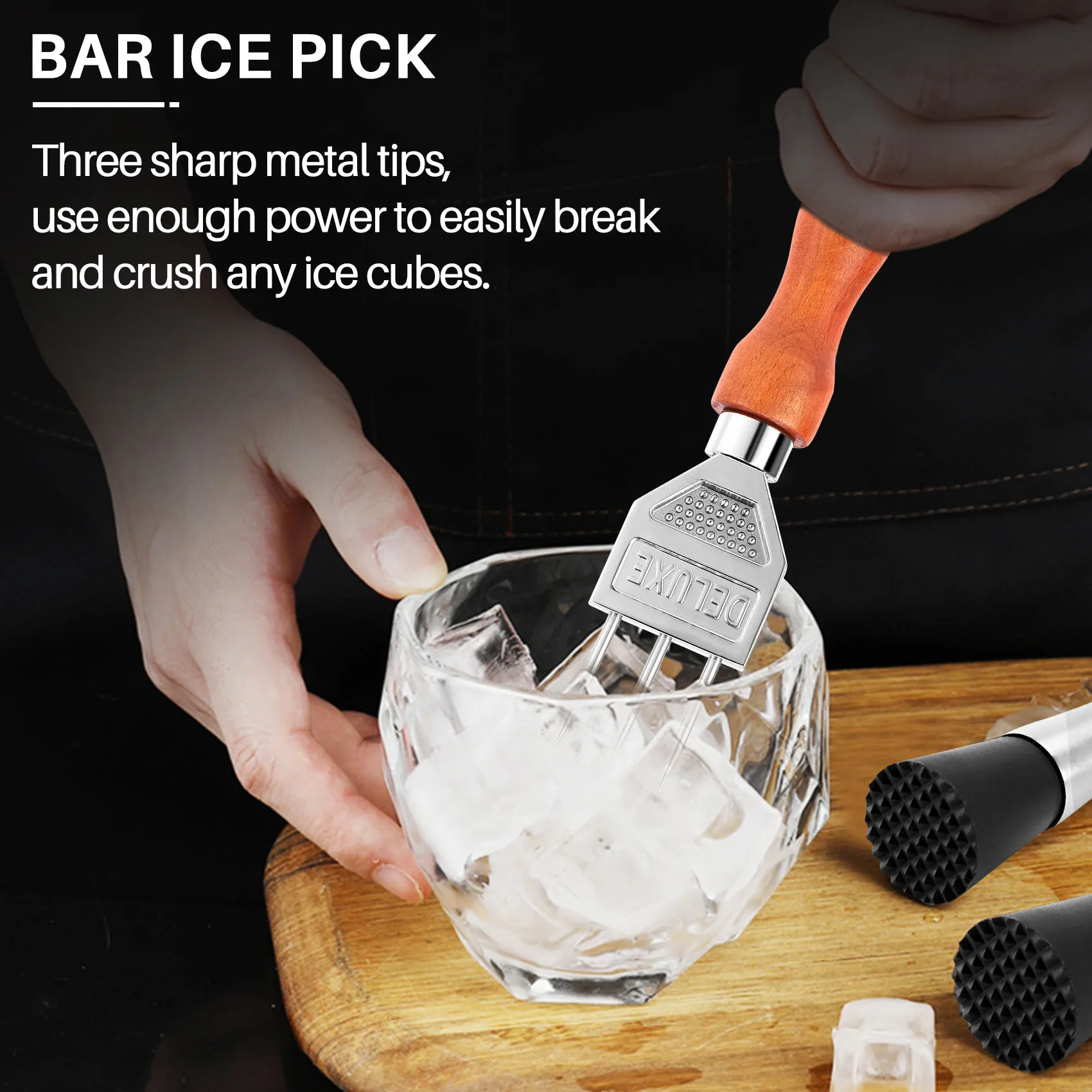 เครื่องบดน้ำแข็งที่ทนทานเครื่องด้ามไม้แข็งเครื่องบดน้ำแข็ง304สแตนเลสสามง่ามสำหรับค็อกเทลบาร์เทนเดอร์