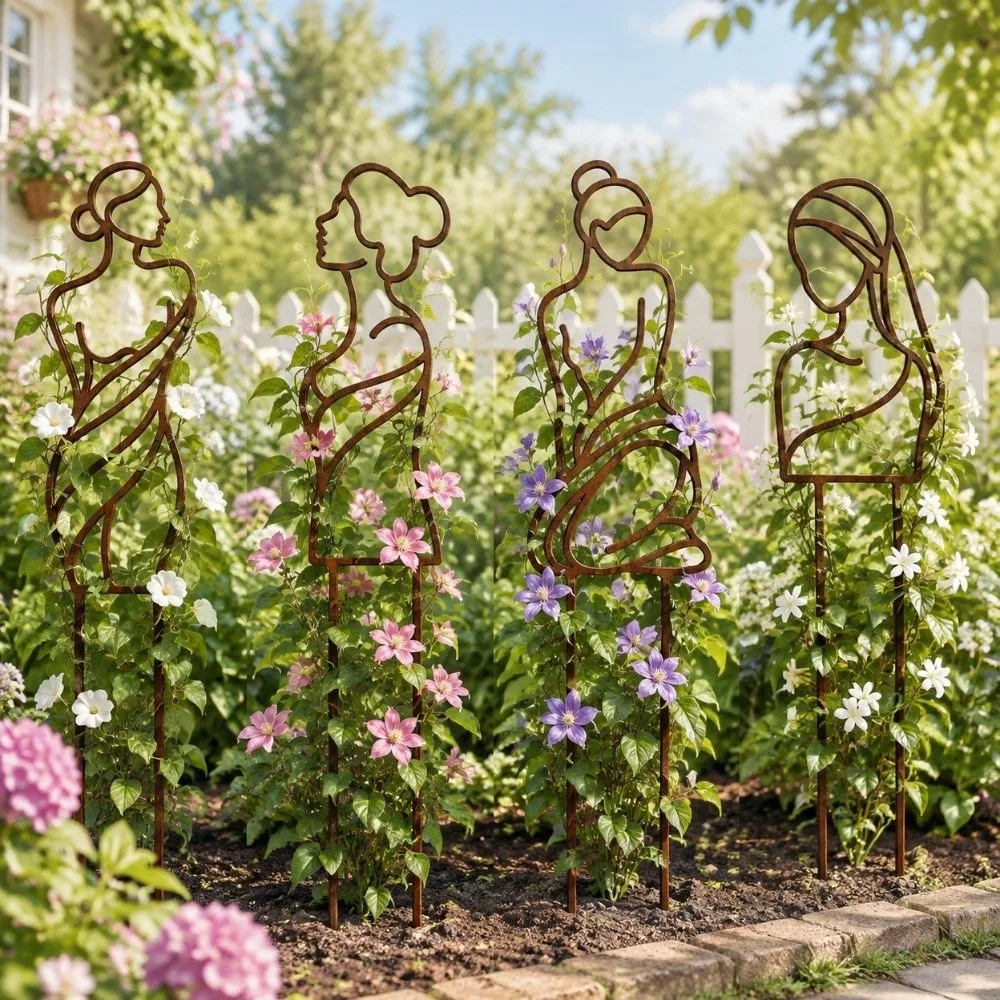 Iron Character Silhouette Plant Stand Strong Load Bearing Hollow Out Plant Fixed Frame Weather Resistance Plant Climbing Trellis