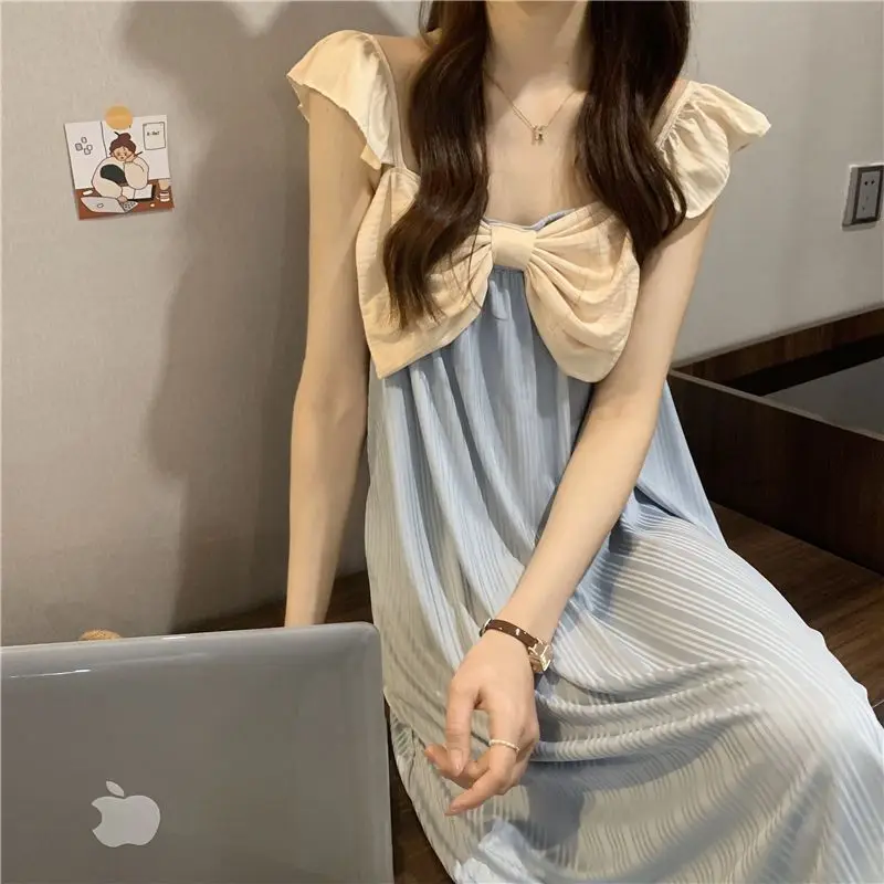 Nightgowns Women Bow Patchwork Sweet Princess Ulzzang Flying Sleeve Baggy Summer Fashion Soft Home Tender Clothing Students Chic