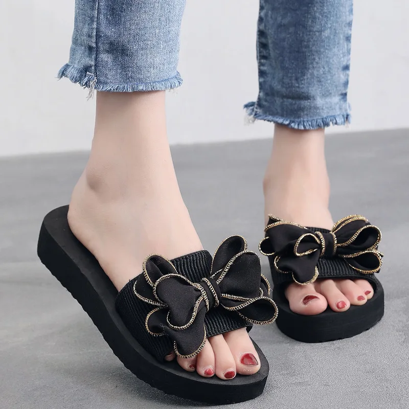 Sandalias con lazo de verano para mujer, zapatillas informales planas para interiores y exteriores, chanclas de playa, sandalias de plataforma de talla grande 35-42