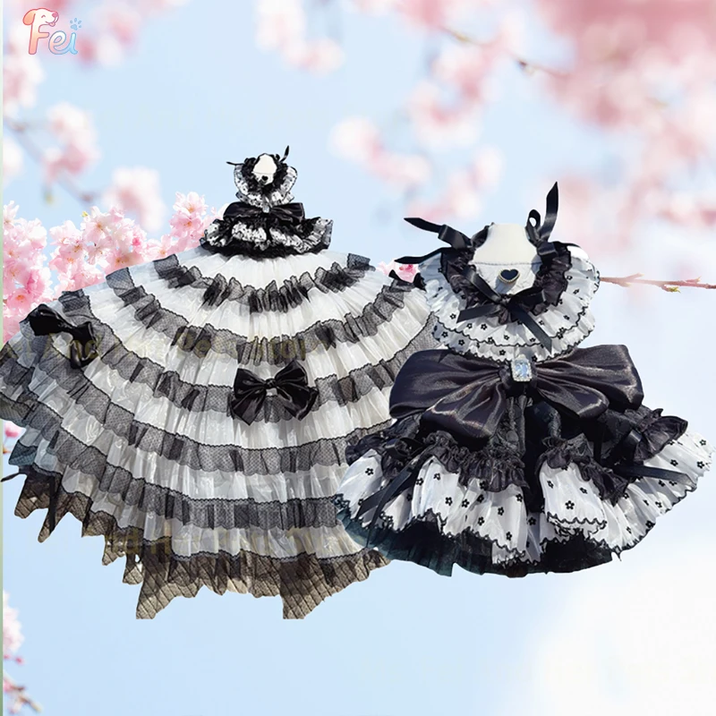 

Luxury Handmade Silver Black Pet Dog Clothes 2025 Spring New Cotton Lace Bow Dresses For Small Medium Dog Poodle Puppy Outfits