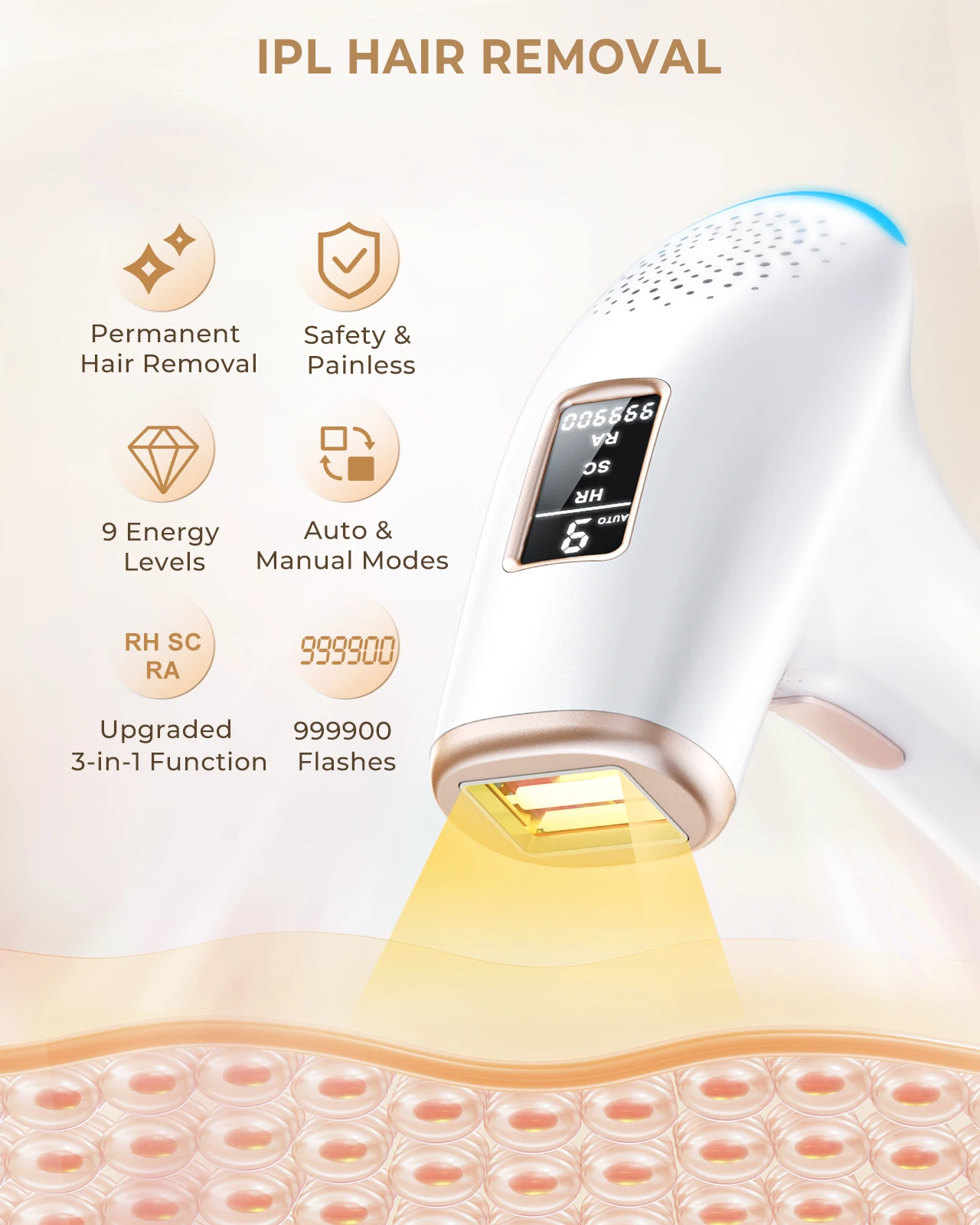 Hair Removal Device IPL Laser Epilator 999,900 IPL Flashes, 9 Levels & 2 Modes, Face, Body, Armpits Pulsed Light Hair Remover