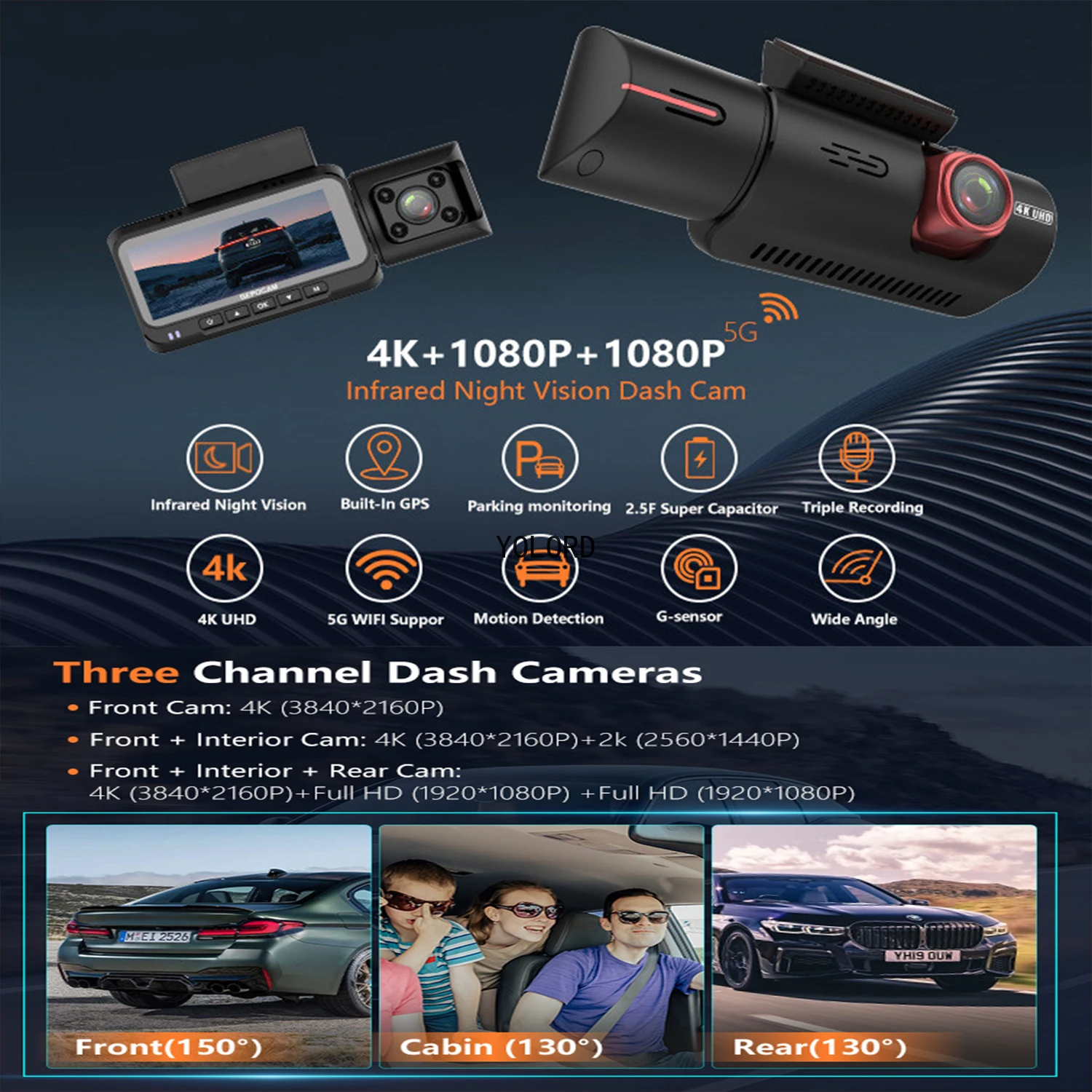 3 Channel Dash Cam 4K+1080P+1080P 3 Camera Video Recorder 5G WiFi GPS Car DVR SONY IMX335 IR Night Vision 24H Parking Monitoring