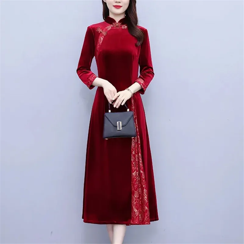 Improved Cheongsam Dress For Women Spring Autumn New Middle-aged Mother Golden Velvet Dresses High End Elegant Party Dress 5XL