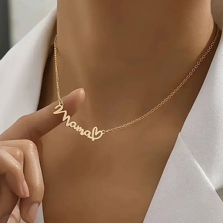 Halskette mit Mama-Herz-Anhänger aus Edelstahl – goldene minimalistische Schlüsselbeinkette, Charm-Schmuck zum Muttertag, Valentinstag