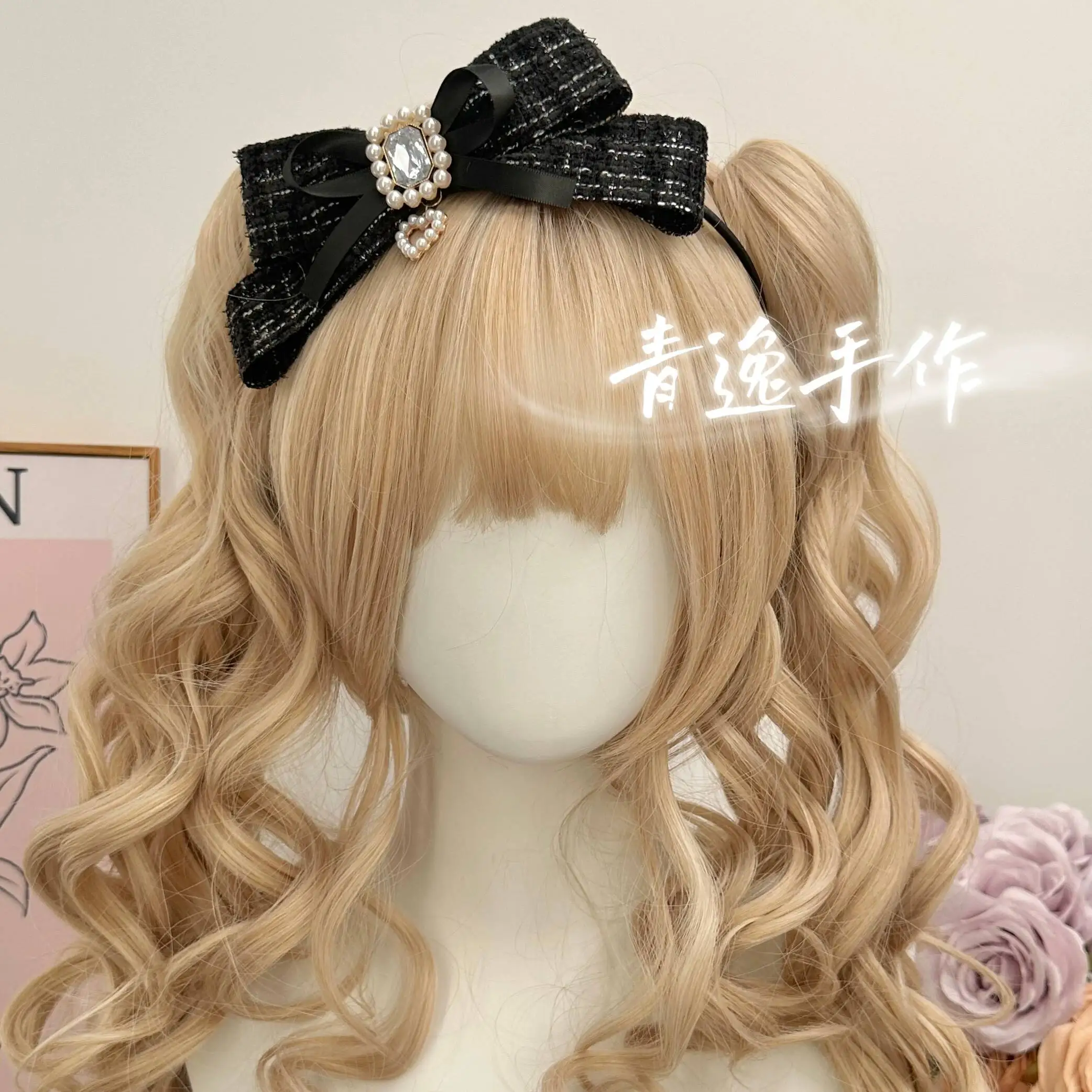 Accesorio para el Cabello Jirai Kei Sweet Girl, Colgante de Corazón de Perlas, Pequeño Lazo Negro y Rosa, Diadema Kc Estilo Landmine Kawaii