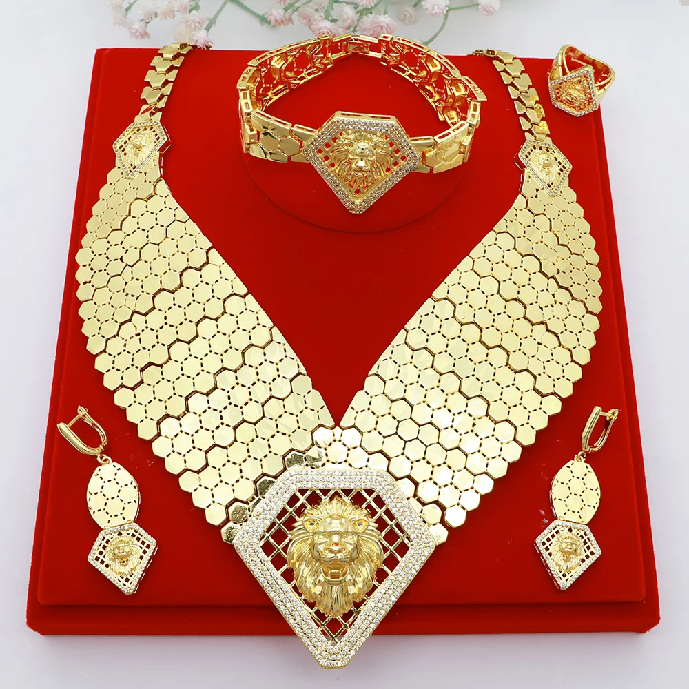 

African Luxury Jewelry Set Golden Lion Necklace Earrings Bracelet Ring For African Men Women Birthday Gifts