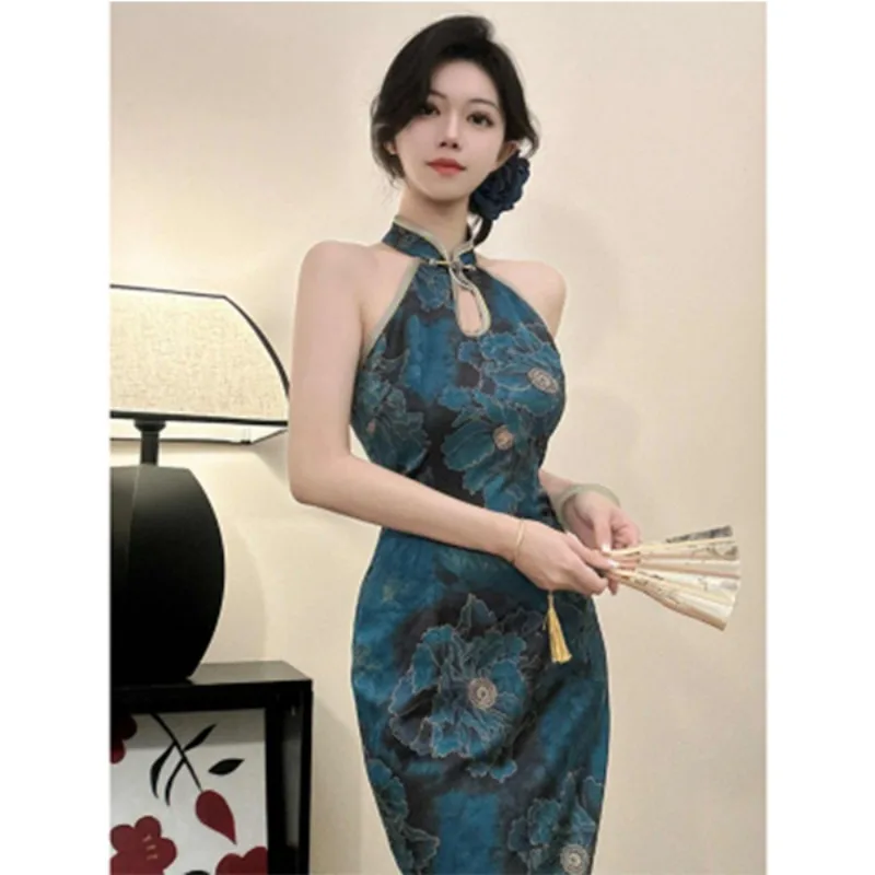 

Chinese Style Jacquard Slim-fit Cheongsam Dress Women's Summer Printed Sleeveless Slim-fit Long Dress Fashion Female Clothes