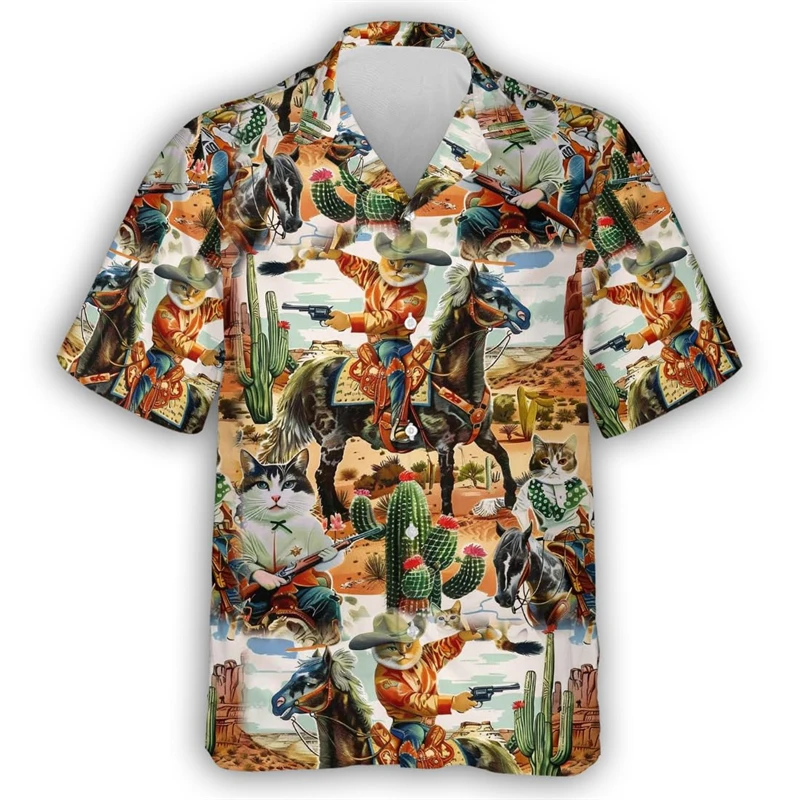 Trendy 2025 Cowboy 3D Printed Shirts For Men Clothes Aloha Cute Animal Short Sleeve Fashion Women Blouses Vintage Male Tops