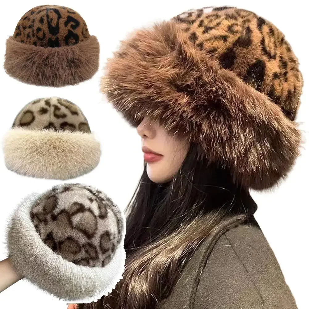 

Women‘s Plush Leopard Print Winter Warm Round Hat Comfortable Soft Adorable Casual Winter Hat Fashion Woolen Winter Hat