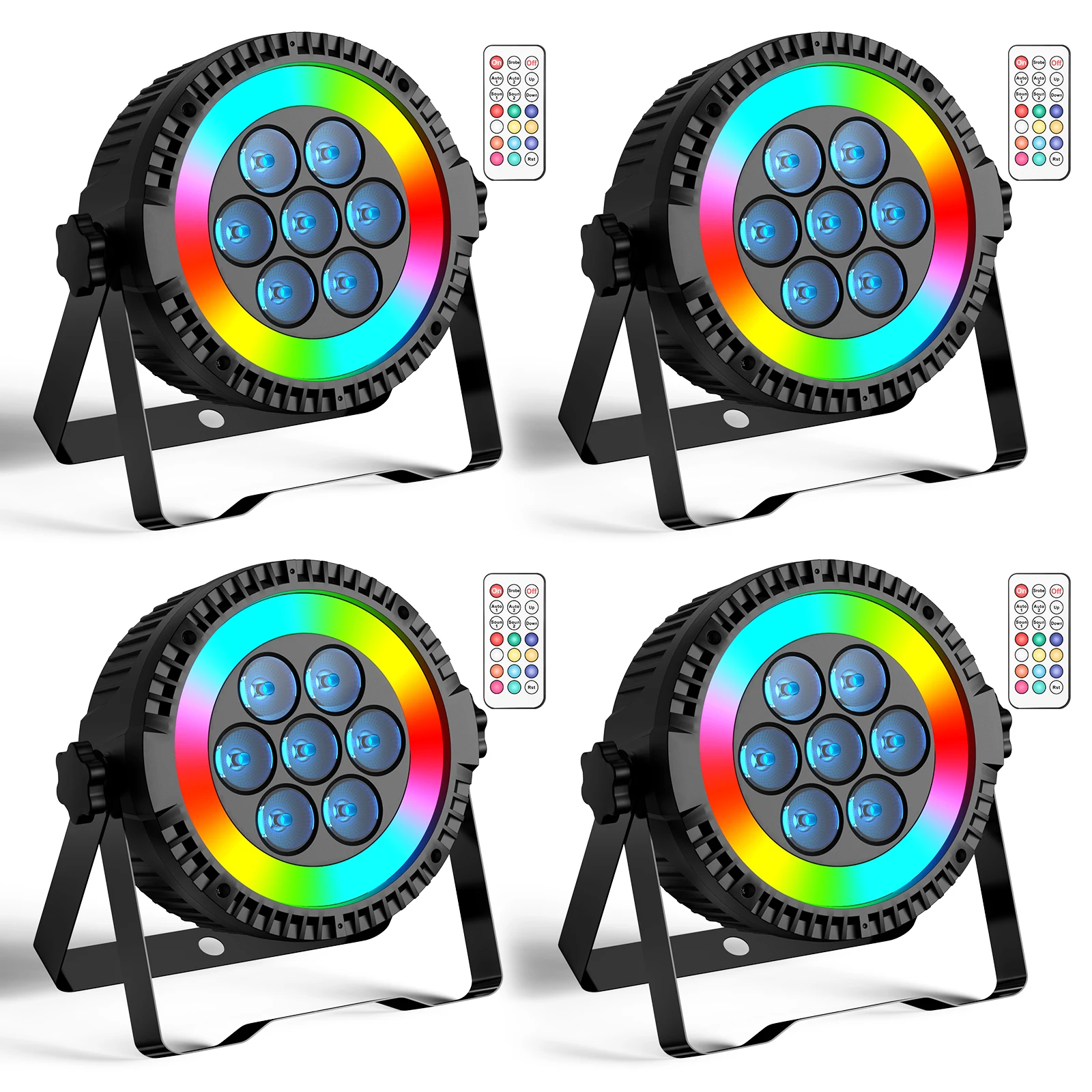 U'King 4PCS 70W RGBW 4in1 Par Light with Light Strip DMX512 Remote Effect Stage Light 7LED Flat Par Light for DJ Disco Party