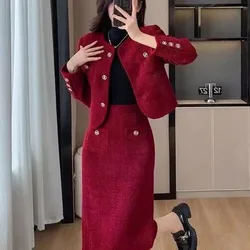 Lnsozkdg Red Suit Women'S Fashion Casual Suit Jacket + Mid Skirt Suit Sexy Party Rich Honour Small Fragrance Tweed Two-Piece Set