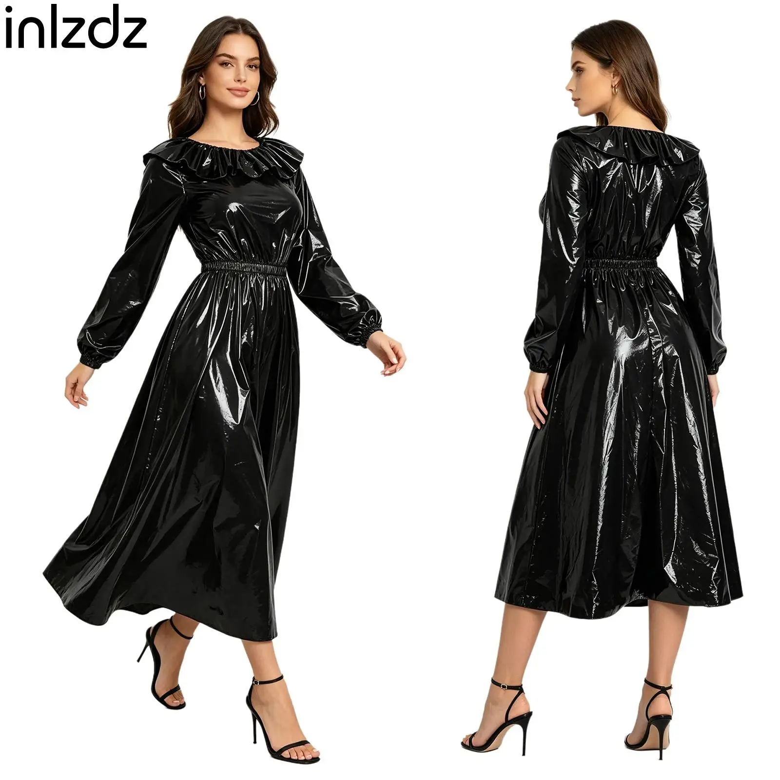 Vestido midi de vinilo impermeable para mujer, con cuello redondo, ribete con volantes, manga larga, cintura ajustada, bajo con vuelo, brillante, ideal para fiestas y discotecas.