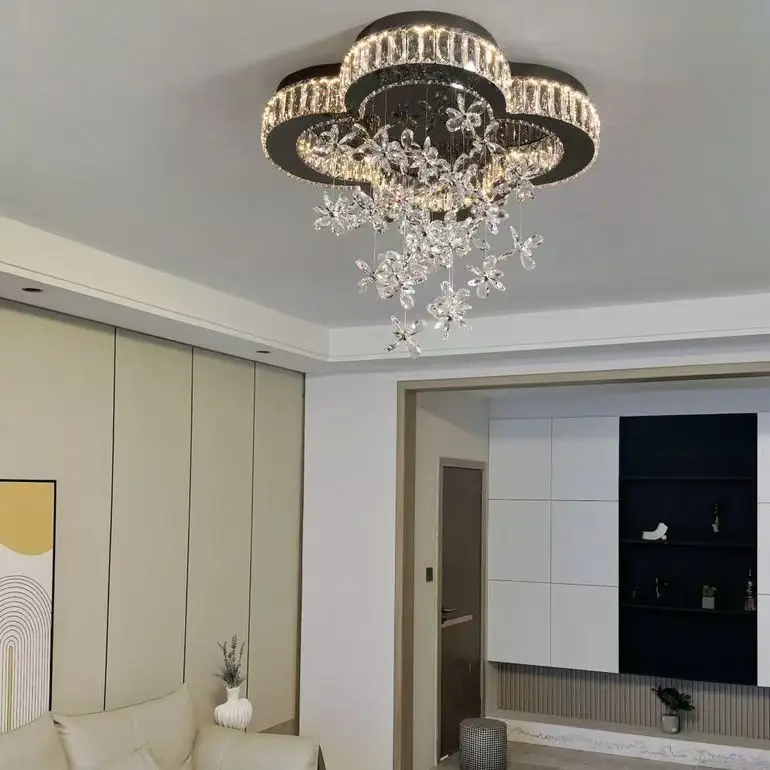 Italian Minimalist Bedroom Crystal Ceiling Light Modern Light Luxury Elegant High End Creative Petal Study Lamp Changeable