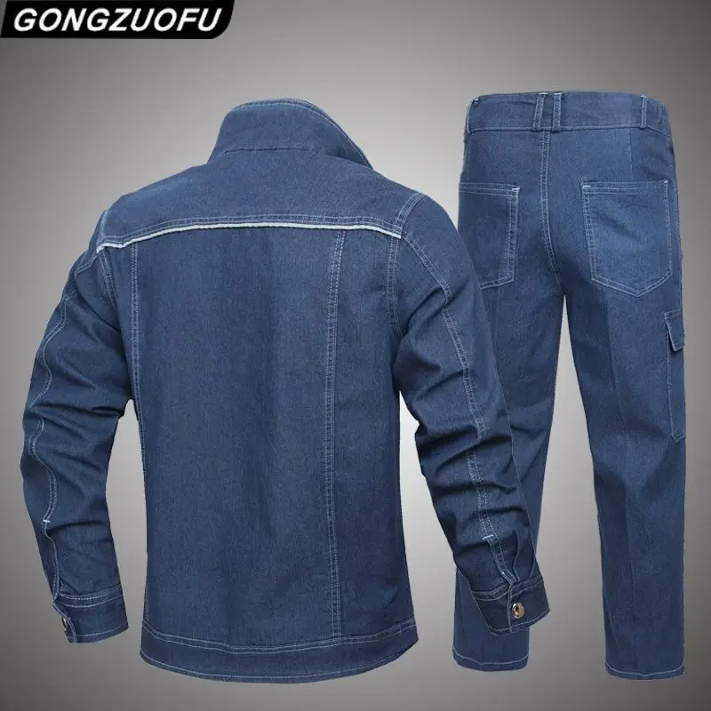 Men Thin Denim Workwear Set Elastic Heat Resistant Wear Resistant Welding Labor Jacket Pants Work Uniform